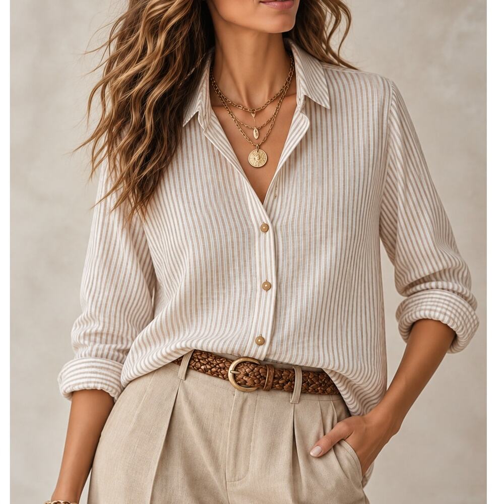 Chico's No Iron 100% Linen Shirt Womens 2 Tan White Stripe Button Down Coastal